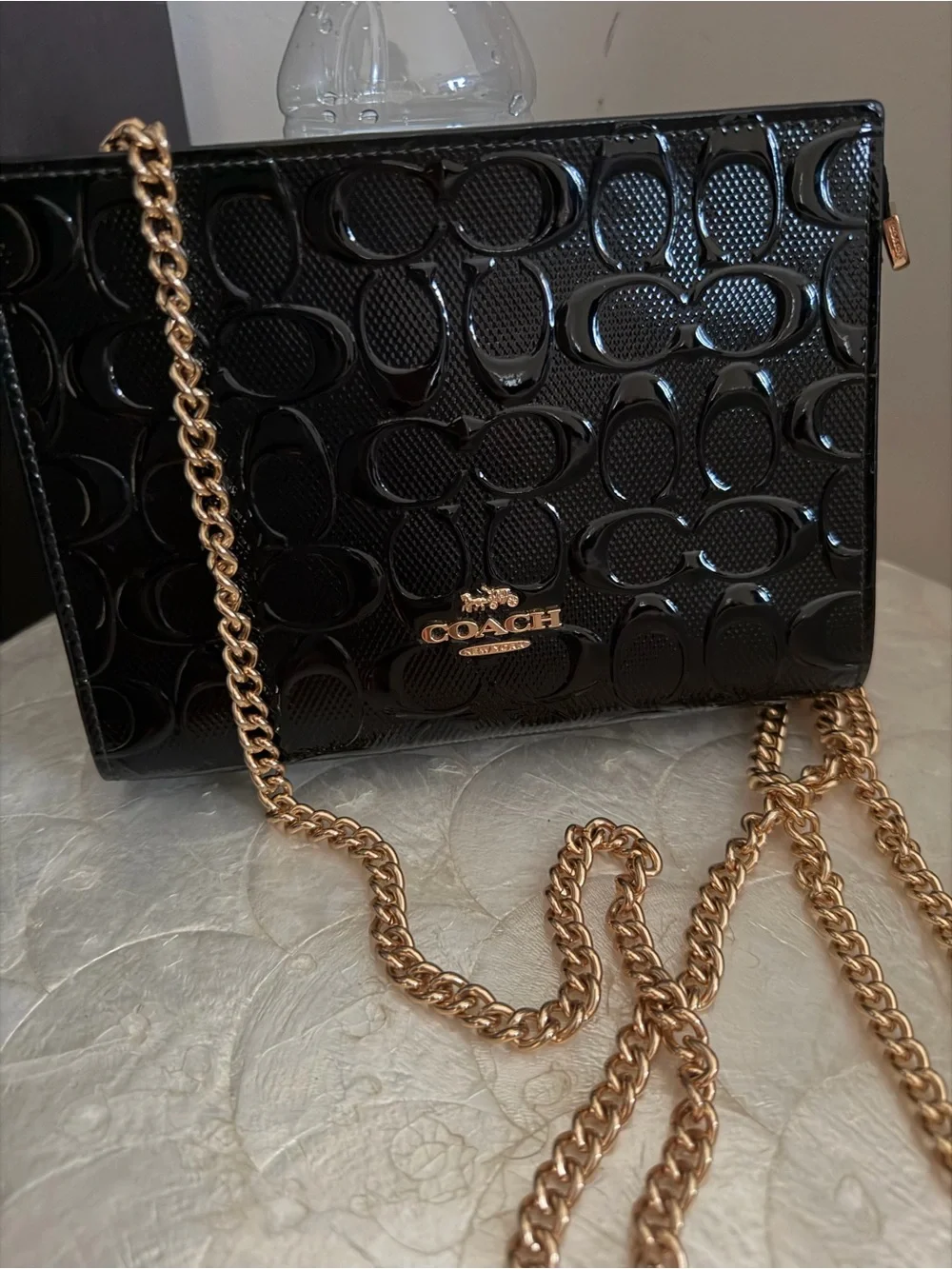 Coach Black Patent Signature Crossbody with Gold Chain